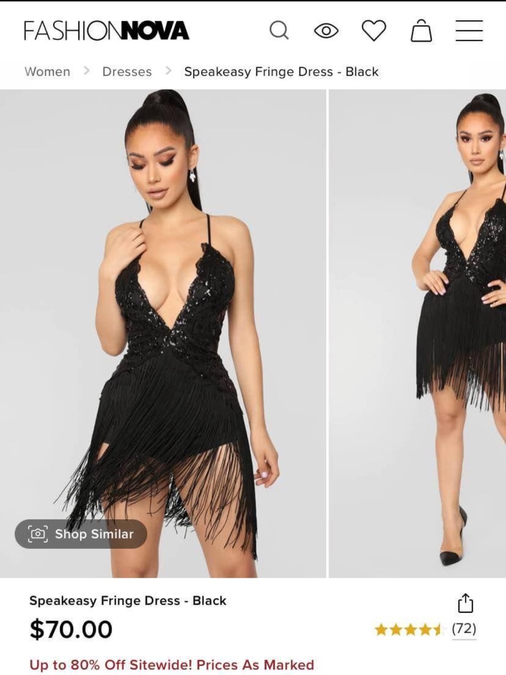 Fringe Dress - Black Flapper Showgirl Dancer Sequins Backless Costume Halloween